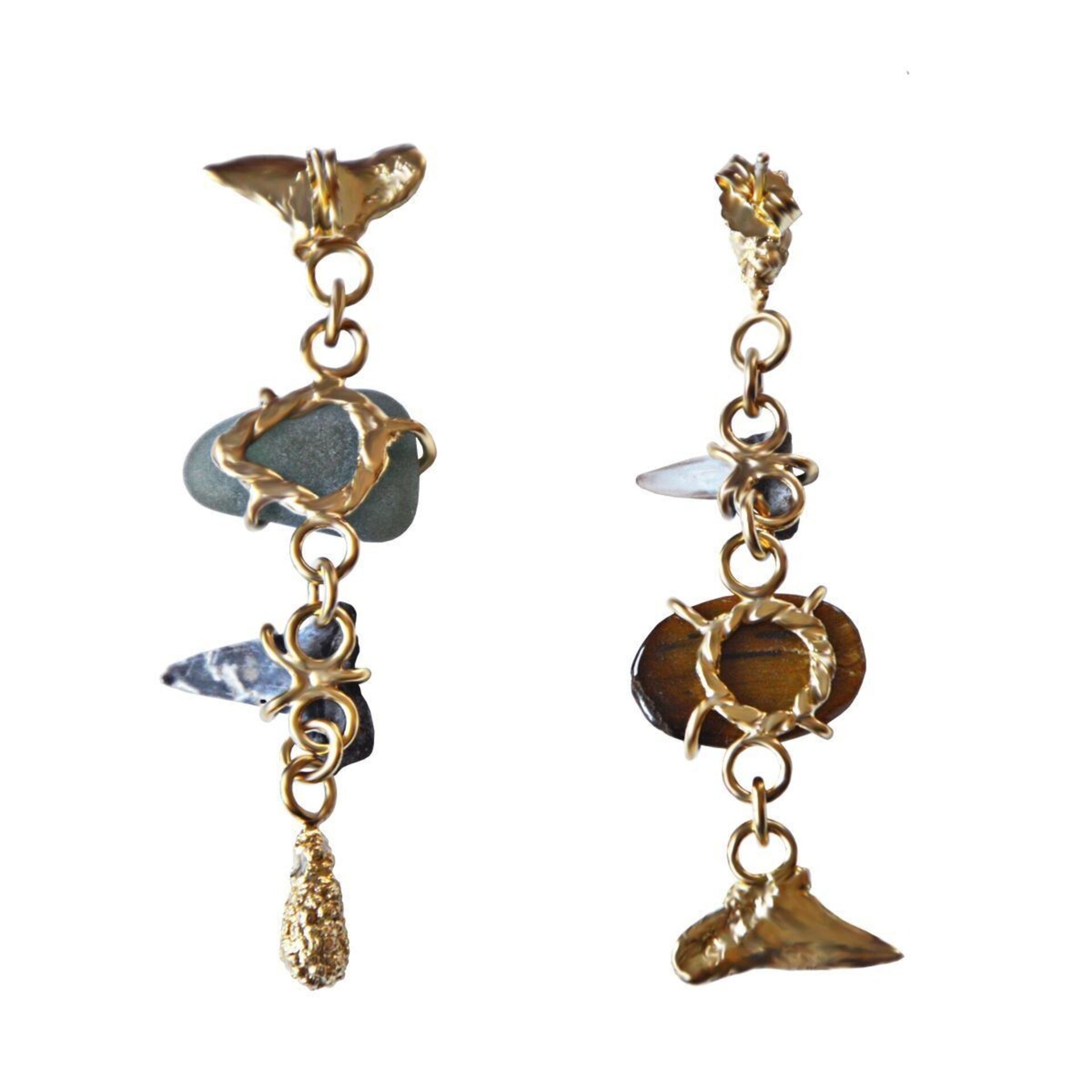 Unequal long earrings in gold with fossils sea glass and tiger eye gemOOAK - 2